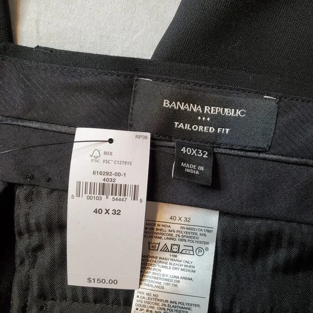 Banana Republic Men's Size 40X30 NWT Plain Weave Suit Trouser Black 616292